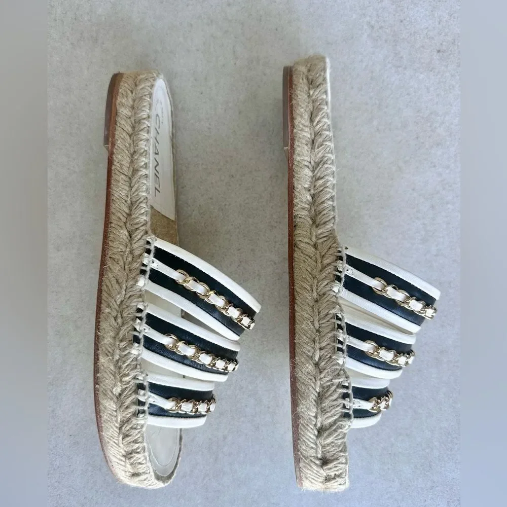 CHANEL Chain Lambskin Espadrille Slip On Sandals  EU 37 US 6-6.5 Black & White